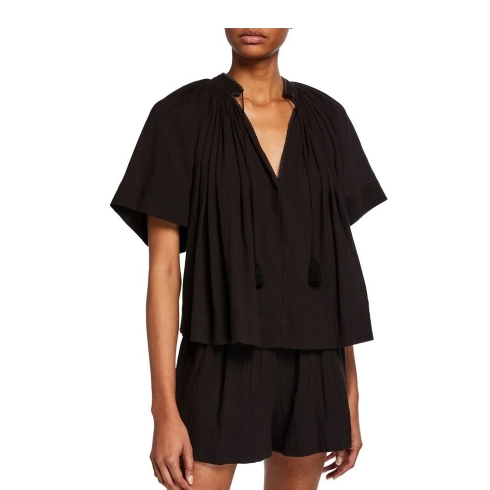 Vince Black Short Sleeve Poet Blouse with Tassle Ties